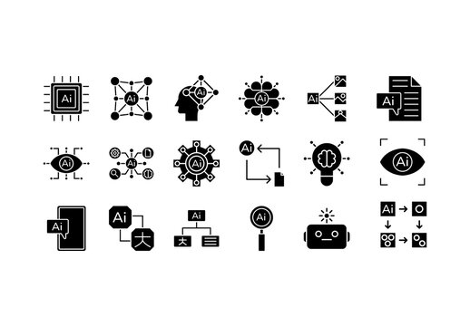 Black and White Generative AI Icons Solid Fill Style. AI Technology Icons Set