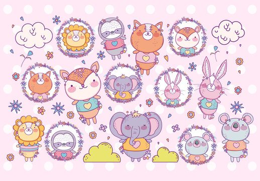 Pastel Colorful Cute Jungle Animals - Cartoon And Kawaii Wild Adorable Animals Illustration Set