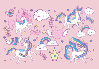 Colorful Kawaii Unicorns Fantasy Pastel Illustration. Adorable Unicorn Illustration Set