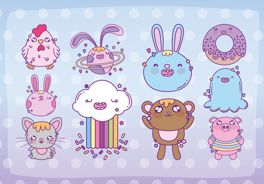 Colorful Kawaii Characters Cute Fantasy Illustration. Adorable Cartoon Illustration Set