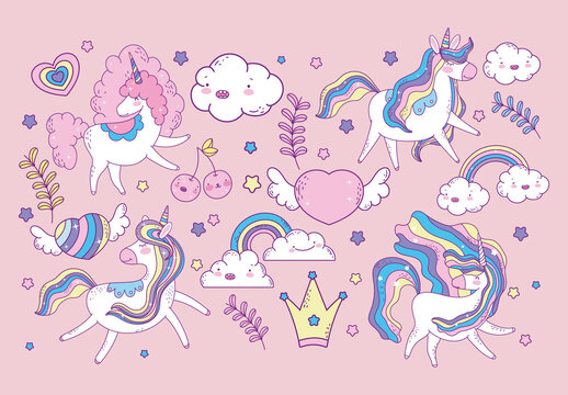 Colorful Kawaii Unicorns Fantasy Pastel Illustration. Adorable Unicorn Illustration Set