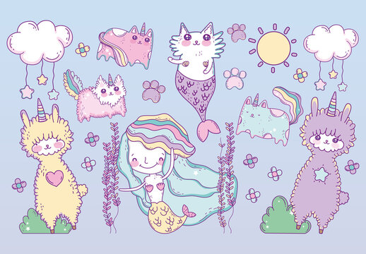 Colorful Unicorns And Mermaids Fantasy Pastel Illustration. Adorable Mythical Creatures Illustration Set