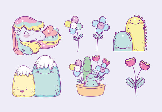 Colorful Kawaii Elements Pastel Cute Illustration. Adorable Decorative Elements Illustration Set