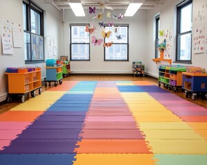 Colorful playroom in daycare, a child's room with butterflies hanging and bright puzzle mats on the floor