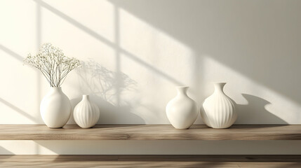 White room with minimalist decor and wooden floor, showcasing three white vases on a shelf
