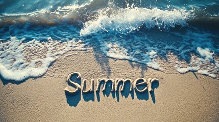 Fototapeta premium A serene beach with the word Summer in the sand, ocean waves crashing in the background, capturing the essence of a perfect beach holiday. No people no text