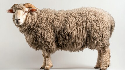 Fototapeta premium Fluffy Sheep Standing on Gray Background with Soft Wool Texture