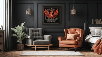 A cozy and elegant bedroom featuring framed phoenix artwork, symbolizing renewal and prosperity
