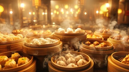 Naklejka premium Steaming dim sum served in bamboo baskets in restaurant
