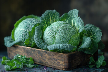 Fototapeta premium Rustic harvest of savoy cabbage in wooden crate with textural depth