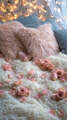 Cozy bedding with roses and fairy lights, creating a warm, romantic ambiance for relaxation