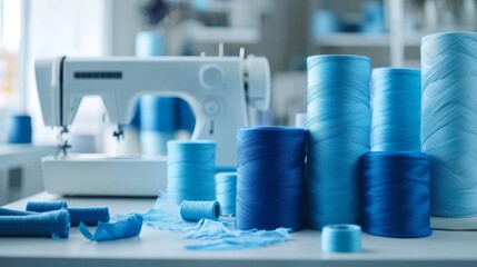 Neatly stacked blue threads in gradient hues, placed on a sewing table with a modern sewing machine and fabric scraps