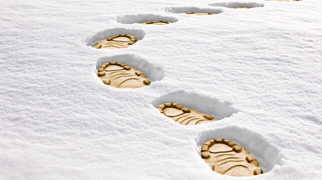 A realistic but obviously fake monster footstep trail in the snow, leading to nowhere, selective focus on the footprints, copy space for text, ultra HD, 
