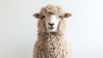 Fluffy Sheep With Thick Wooly Coat Posing Against White Background