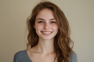 Obraz premium Smiling young woman with brown, wavy hair. Ideal for beauty, fashion, or positive emotion themes.
