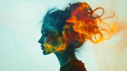 A woman with a colorful mane of hair is shown in a black and white photo