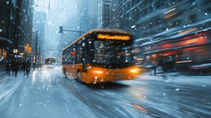 Obraz premium A city bus speeds through a snowy street, blurred by motion. Illustrates winter city life, urban transport in harsh weather.