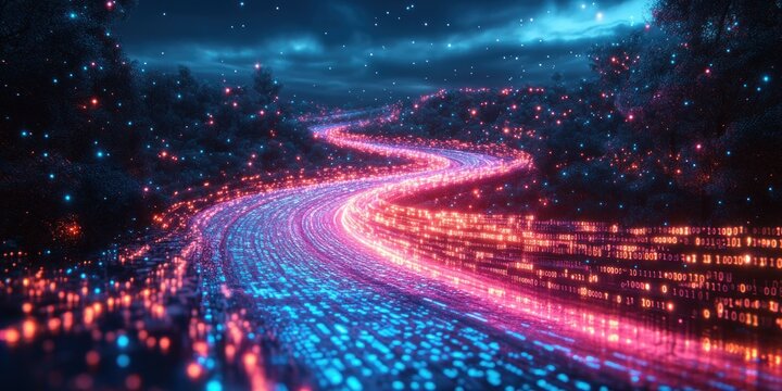 Futuristic Digital Landscape with Flowing Binary Code and Neon Illumination