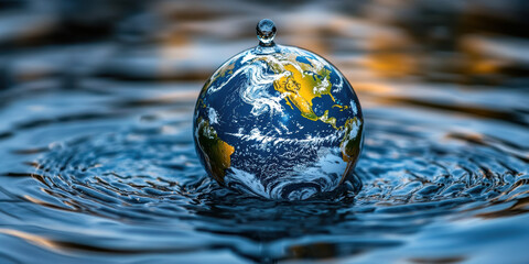Water droplet impacting earth globe nature digital art close-up creative concept