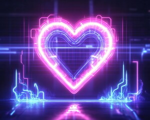 Digital heart glowing on a grid background. Perfect tech valentine for love, emotion, and affection