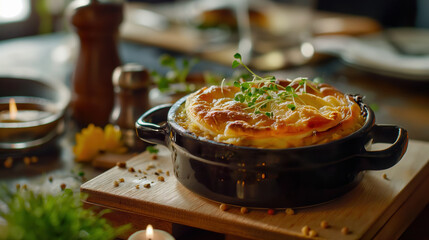 Savory baked dish garnished with herbs served on a wooden board in a cozy dining setting.