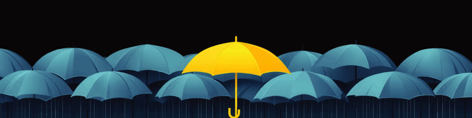 Unique Yellow Umbrella Amongst Blue Umbrellas Vector Art Symbolizing Individuality and Standout Concept in Rainy Weather - Ideal for Personal Brand Marketing