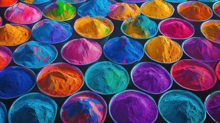 A colorful pile of colored powders in bowls