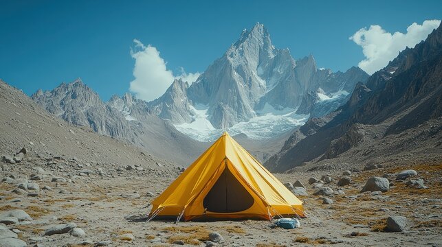Yellow tent, mountain peak backdrop, sunny valley camping