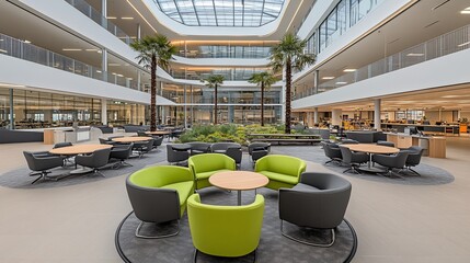Modern atrium lobby, workspace, relaxation, plants, glass roof