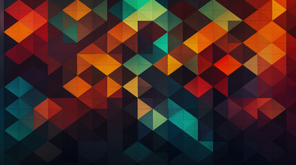 Colorful geometric shapes create a vibrant abstract pattern on a dark background, showcasing a variety of hues in a visually striking arrangement.