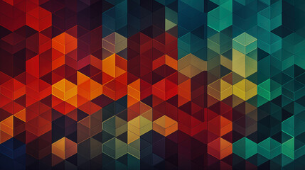 Colorful geometric pattern with interlocking shapes in shades of red, orange, and teal creating a vibrant, modern aesthetic.