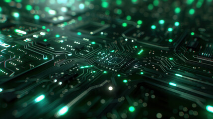 Exploring intricate details of a green printed circuit board with illuminated components and connections in a close-up view.
