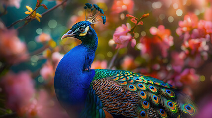 Fototapeta premium Vibrant peacock displaying colorful plumage amidst blooming flowers in a lush garden during spring.