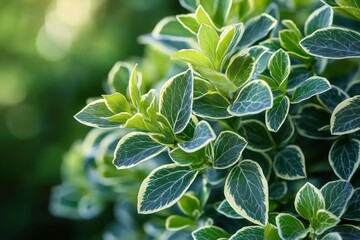 Close-up of Variegated Green Foliage in Soft Natural Light with Bokeh Background in Botanical Style