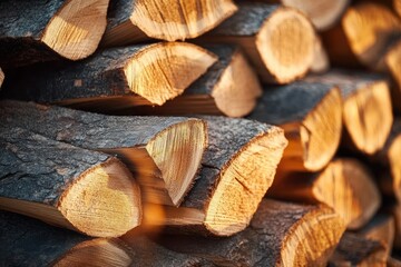 Fototapeta premium Closeup of Stacked Firewood Natural Wood Pile Textures Rustic Fuel Logs Timber Background