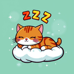 Charming Vector Illustration of a Sleeping Cartoon Orange Cat on a Cloud with Dreamy ZZZ Text and Whimsical Sparkles in a Light Teal Background