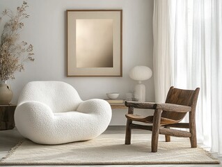 Modern Living Room Design Poster Frame Mockup Photo Display with Rustic Chair and Soft Textures