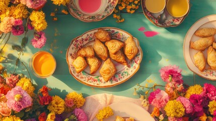 A table with a plate of pastries and a cup of orange juice