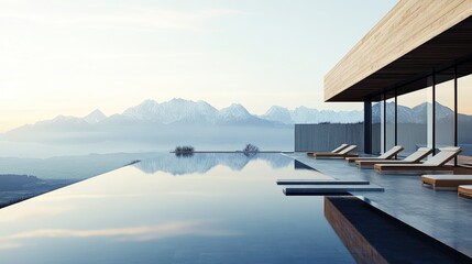 Fototapeta premium Beautiful spa retreat with infinity pool, wooden sun loungers, minimalist design, mountain backdrop, peaceful luxury ambiance. No people no text