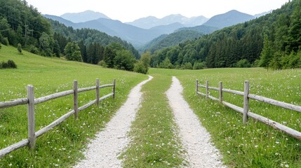 Country Road Through Meadow to Mountains