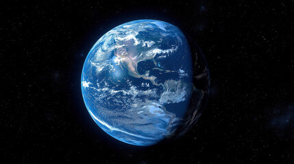 Obraz premium Earth illuminated by sunlight, with distinct landmasses and oceans visible against the dark backdrop of space, creating a breathtaking view of our planet.