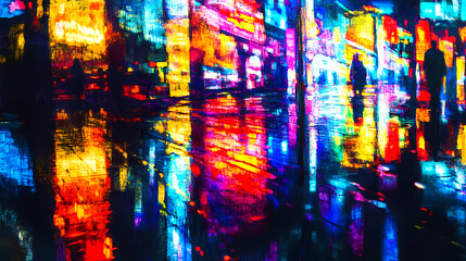Obraz premium Neon-lit futuristic cityscape in heavy rain, with reflections and vibrant digital billboards creating a cyberpunk ambiance. Cyberpunk Holographic Street. Illustration