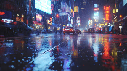 Fototapeta premium Neon-lit futuristic cityscape in heavy rain, with reflections and vibrant digital billboards creating a cyberpunk ambiance. Cyberpunk Holographic Street. Illustration