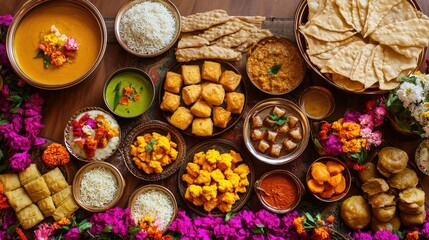 A table full of food with a variety of dishes including rice, pasta