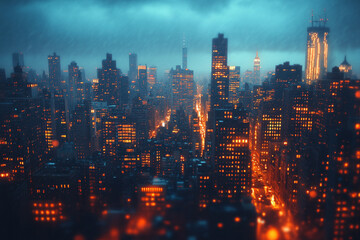 Obraz premium Urban Luminescence, A Cityscape Bathed in the Warmth of a Rainy Evening