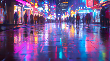 Fototapeta premium Vibrant lights and reflections in a cyberpunk city street on a rainy night create an atmospheric scene Cyberpunk Holographic Street. Illustration