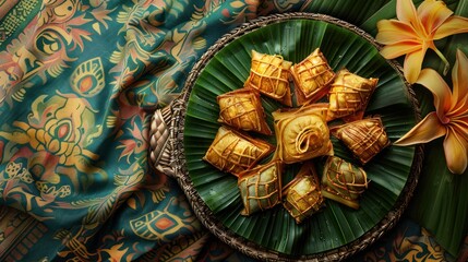 Square pastries are arranged on a tray with flowers