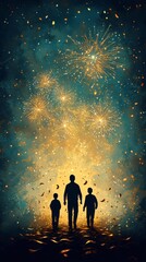 Family watching fireworks display at night. Celebration background for family