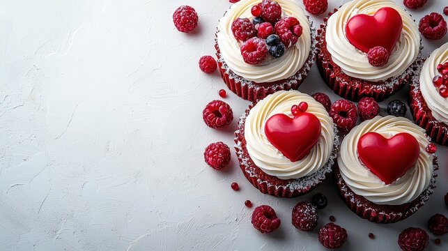 Festive berry cupcakes with heart toppers on white table. Perfect for valentine's day bake sales