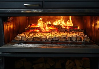 Rustic wood-fired oven with glowing embers and sizzling food, showcasing traditional cooking method for flavorful dishes